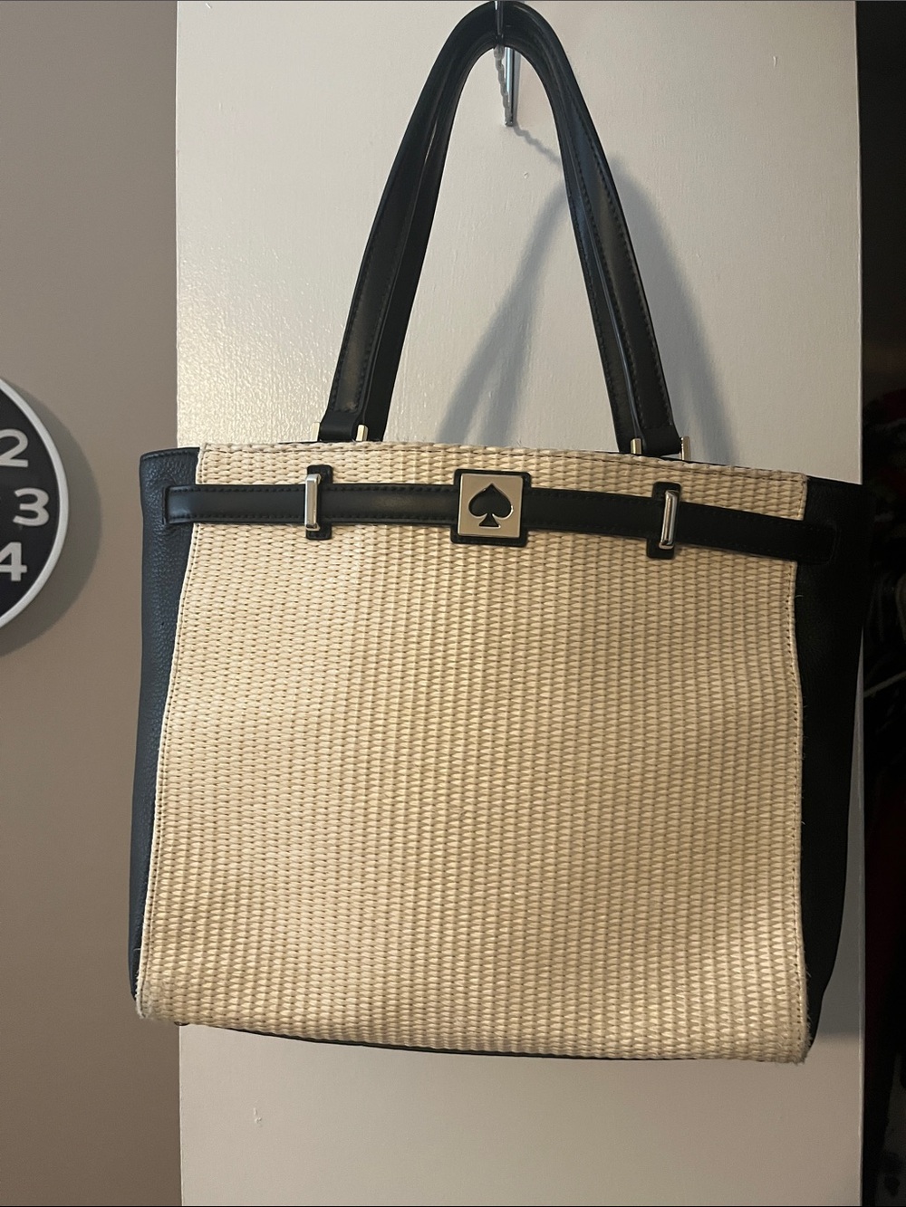 kate spade Cream Woven Tote with Black Trim